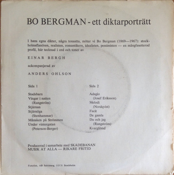 Bo Bergman, Einar Bergh / Anders Ohlson  ~ Bo Bergman 100 År - Ett Diktarporträtt I Ord Och Toner (Vinyl) - Djungel & Jazz