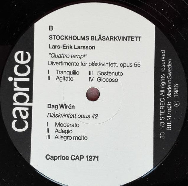 Stockholms Blåsarkvintett, Lars-Erik Larsson / Dag Wirén / Jan W. Morthenson / Anders Eliasson  ~ Stockholms Blåsarkvintett (Vinyl) - Djungel & Jazz