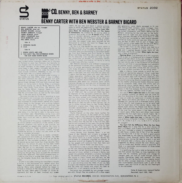 Benny Carter With Ben Webster & Barney Bigard : Benny, Ben & Barney (LP, Album)
