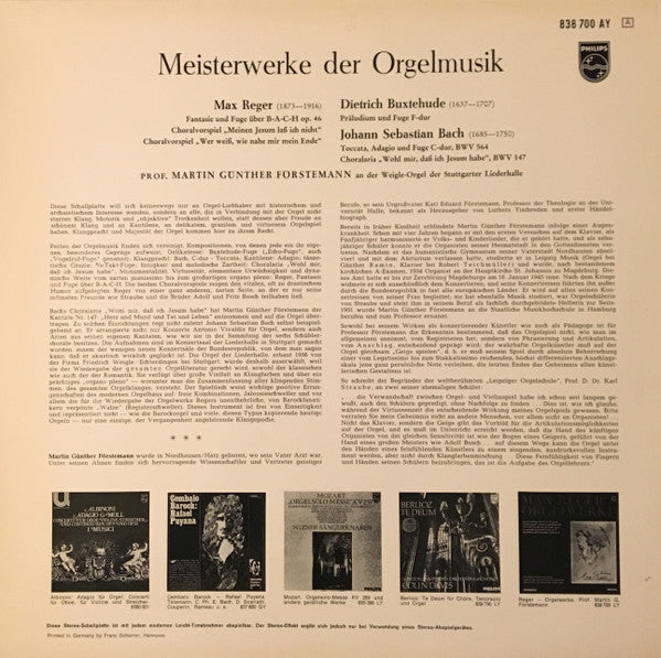 Bach, Buxtehude, Reger / Professor Martin Günther Förstemann ~ Meisterwerke Der Orgelmusik (Vinyl) - Djungel & Jazz