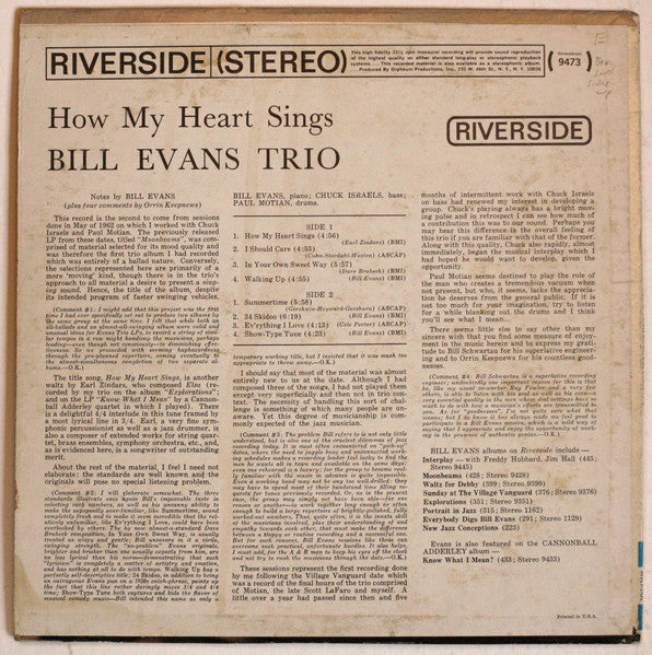 The Bill Evans Trio : How My Heart Sings (LP, Album, RE)