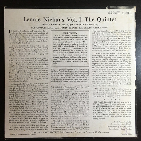 Lennie Niehaus : Vol.1 The Quintet (10", Album)