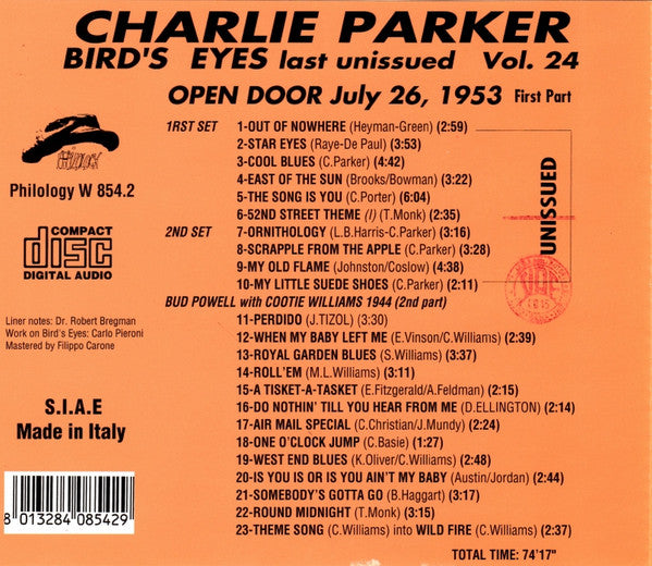 Charlie Parker : Bird's Eyes: Last Unissued Vol. 24 - Open Door '53 (First Part) (CD, Comp, Mono)