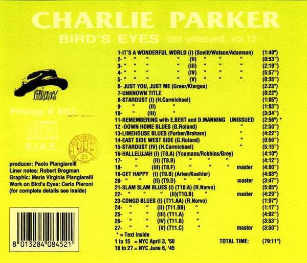 Charlie Parker : Bird's Eyes: Last Unissued, Vol. 15 - A Pretty Girl Is Like A Melody (CD, Comp, Mono)