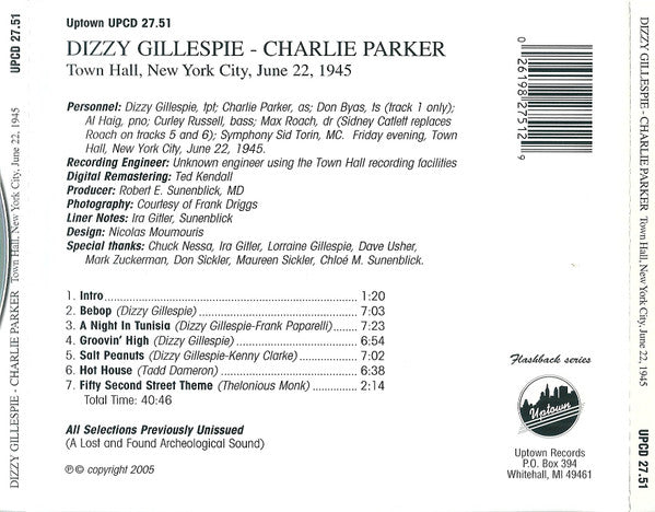 Dizzy Gillespie - Charlie Parker : Town Hall, New York City, June 22, 1945 (CD, Album, Mono, RM)