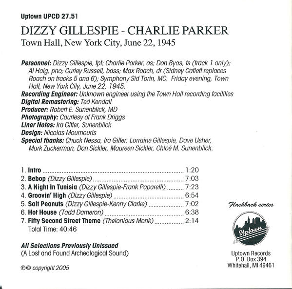 Dizzy Gillespie - Charlie Parker : Town Hall, New York City, June 22, 1945 (CD, Album, Mono, RM)