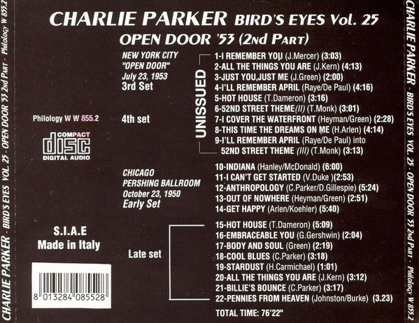 Charlie Parker : Bird's Eyes: Last Unissued Vol. 25 - Open Door '53 (2nd Part) (CD, Comp, Mono)