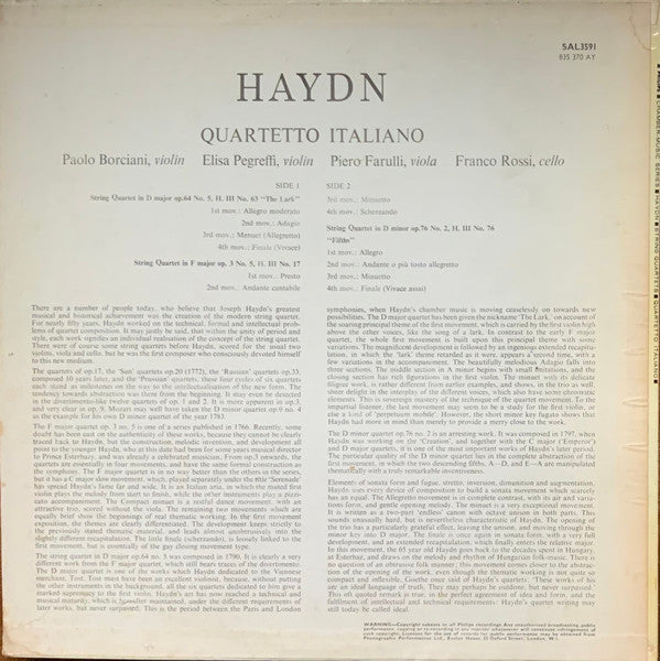 Haydn / Quartetto Italiano ~ String Quartet Op. 64.5, The Lark; Op. 3.5; Op. 76.2, Fifths; (Vinyl) - Djungel & Jazz