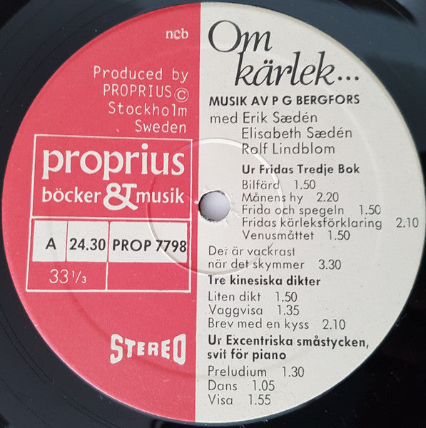 Erik Sædén, Elisabeth Sædén, Rolf Lindblom, Solveig Faringer, Hans Fagius ~ Om Kärlek... (Vinyl) - Djungel & Jazz