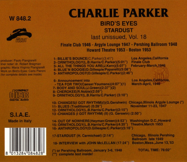 Charlie Parker : Bird's Eyes: Last Unissued, Vol. 18 - Stardust (CD, Comp)