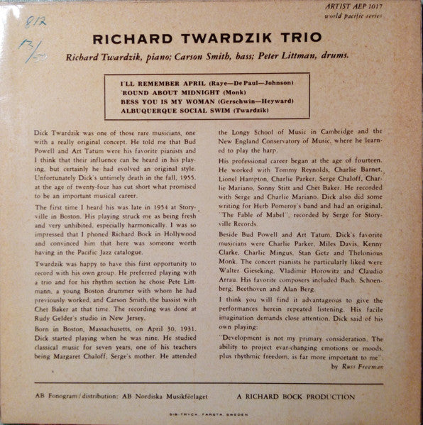 Richard Twardzik Trio ~ I'll Remember April (Vinyl) - Djungel & Jazz