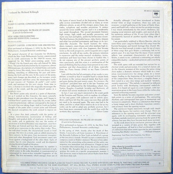Elliott Carter / William Schuman, Leonard Bernstein, New York Philharmonic ~ Concerto For Orchestra / In Praise Of Shahn (Canticle For Orchestra) (Vinyl) - Djungel & Jazz