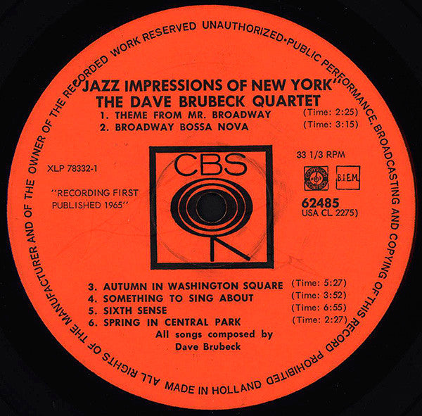 The Dave Brubeck Quartet ~ Jazz Impressions Of New York (Vinyl) - Djungel & Jazz