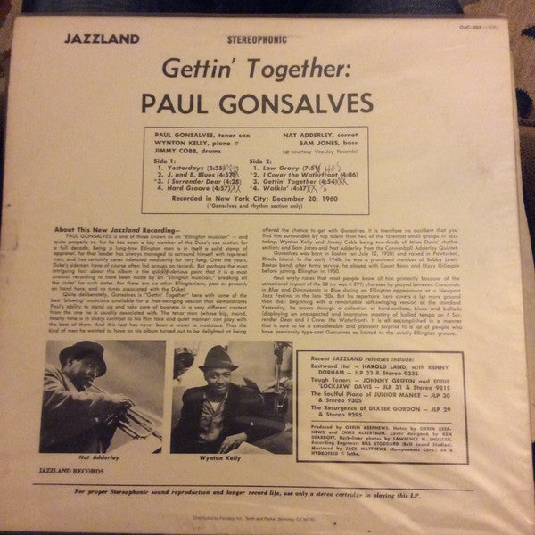 Paul Gonsalves ~ Gettin' Together (Vinyl) - Djungel & Jazz