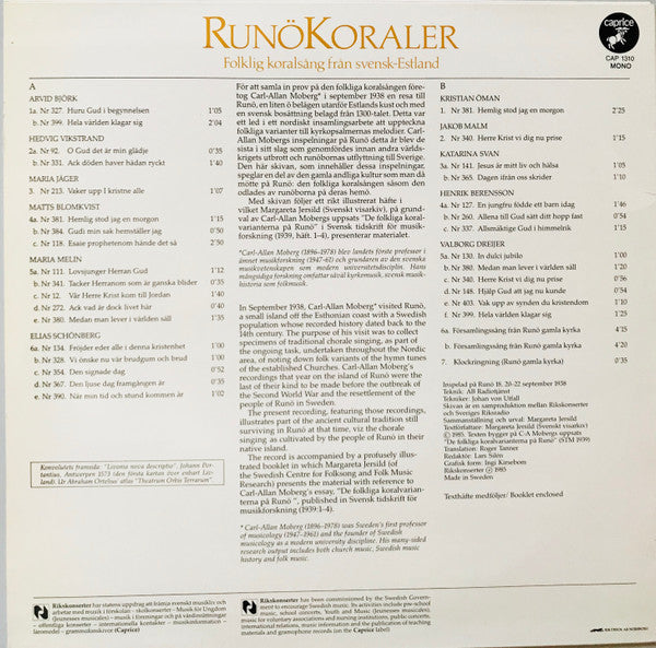 Various : Runökoraler: Folklig Koralsång Från Svensk-Estland (LP, Mono)