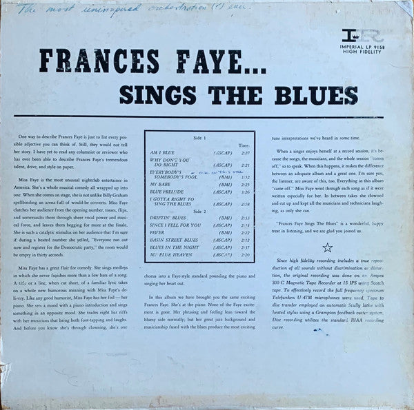 Frances Faye ~ Sings The Blues (Vinyl) - Djungel & Jazz