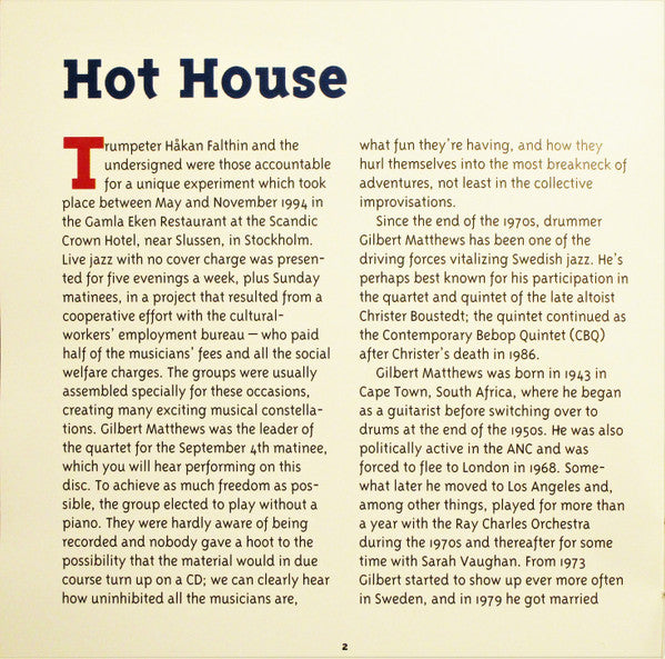 Gilbert Matthews Quartet ~ Hot House (Vinyl) - Djungel & Jazz