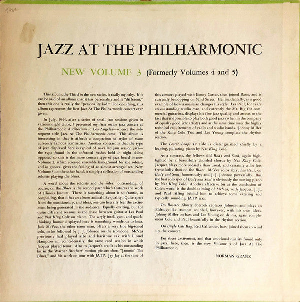 Norman Granz' Jazz At The Philharmonic* : Norman Granz' Jazz At The Philharmonic New Volume 3 (Formerly Vols. 4 And 5) (LP, Comp, Mono)