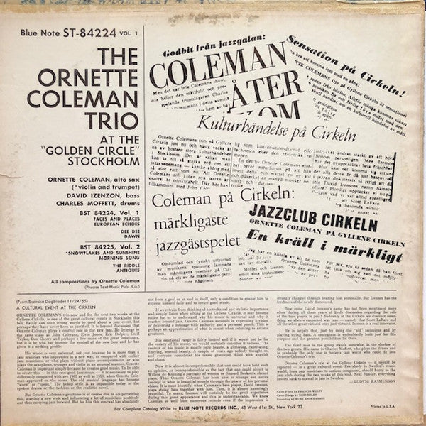 The Ornette Coleman Trio ~ At The "Golden Circle" Stockholm (Volume One) (Vinyl) - Djungel & Jazz