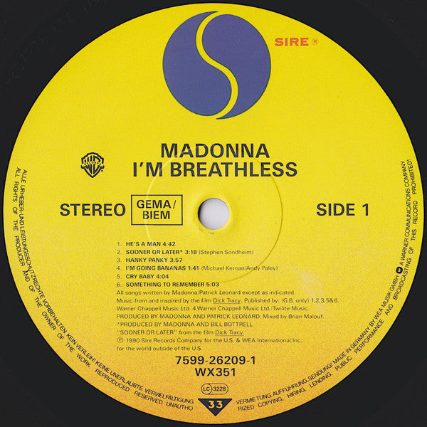 Madonna ~ I'm Breathless (Music From And Inspired By The Film Dick Tracy) (Vinyl) - Djungel & Jazz