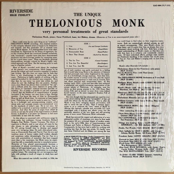 Thelonious Monk : The Unique Thelonious Monk (LP, Album, RE)