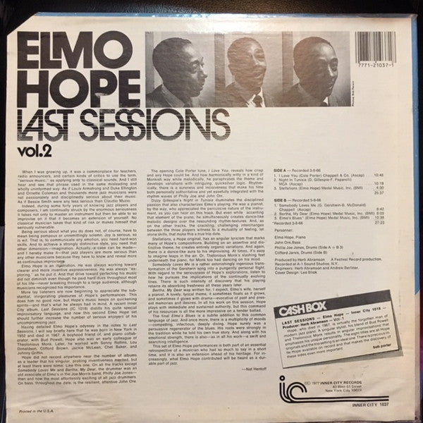 Elmo Hope ~ Last Sessions Vol. 2 (Vinyl) - Djungel & Jazz