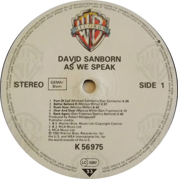 David Sanborn ~ As We Speak (Vinyl) - Djungel & Jazz