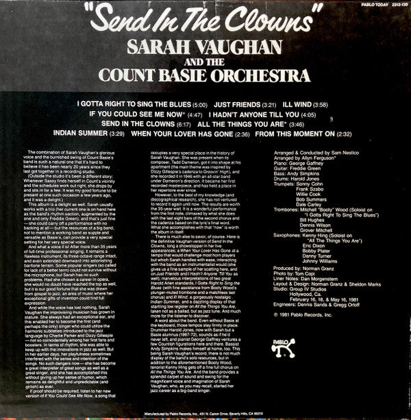 Sarah Vaughan & Count Basie Orchestra ~ Send In The Clowns (Vinyl) - Djungel & Jazz