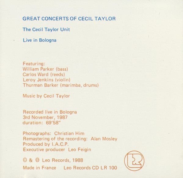 The Cecil Taylor Unit ~ Live In Bologna (Vinyl) - Djungel & Jazz