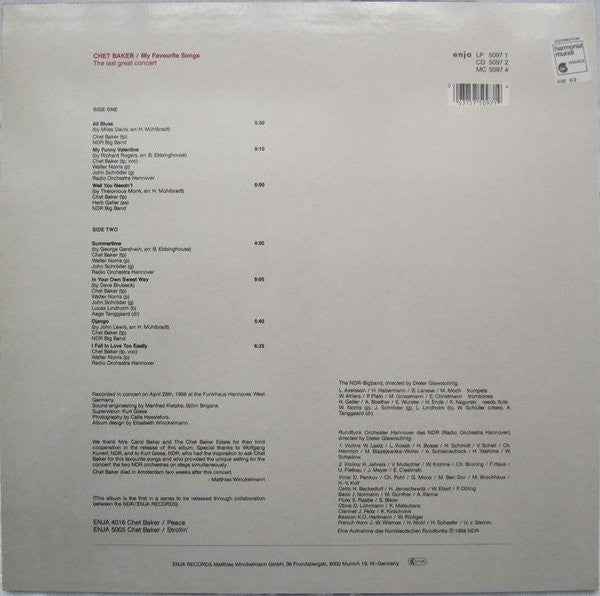 Chet Baker ~ My Favourite Songs - The Last Great Concert (Vinyl) - Djungel & Jazz