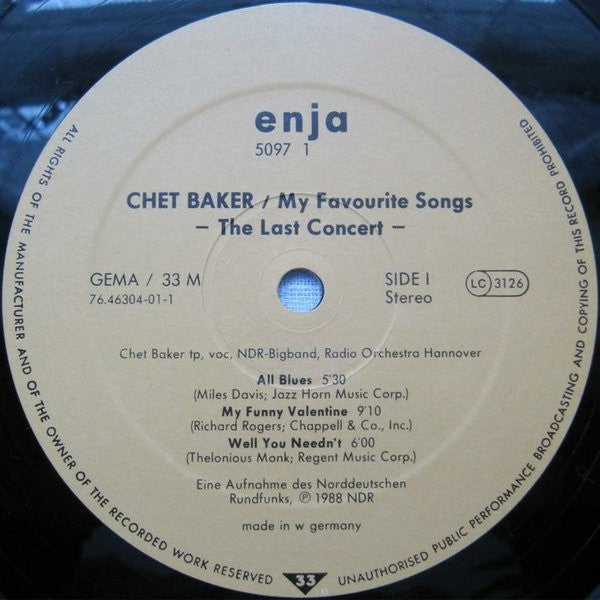 Chet Baker ~ My Favourite Songs - The Last Great Concert (Vinyl) - Djungel & Jazz