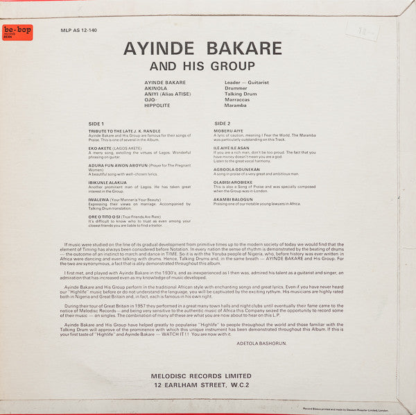 Ayinde Bakare And His Group ~ Live The Highlife With Ayinde Bakare And His Group (Vinyl) - Djungel & Jazz