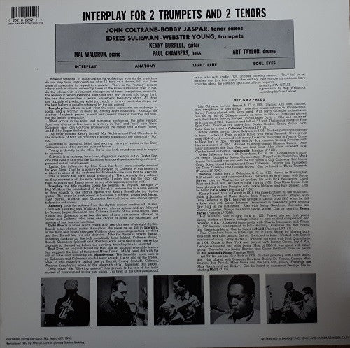 Idrees Sulieman, Webster Young, John Coltrane, Bobby Jaspar With Mal Waldron, Kenny Burrell, Paul Chambers , Art Taylor ~ Interplay For 2 Trumpets And 2 Tenors (Vinyl) - Djungel & Jazz