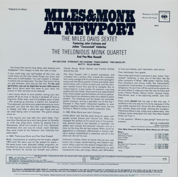 The Miles Davis Sextet & The Thelonious Monk Quartet ~ Miles & Monk At Newport (Vinyl) - Djungel & Jazz