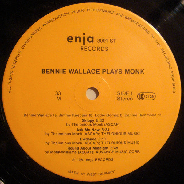 Bennie Wallace, Jimmy Knepper, Eddie Gomez, Dannie Richmond ~ Bennie Wallace Plays Monk (Vinyl) - Djungel & Jazz