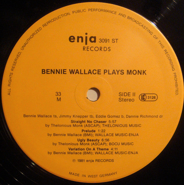 Bennie Wallace, Jimmy Knepper, Eddie Gomez, Dannie Richmond ~ Bennie Wallace Plays Monk (Vinyl) - Djungel & Jazz