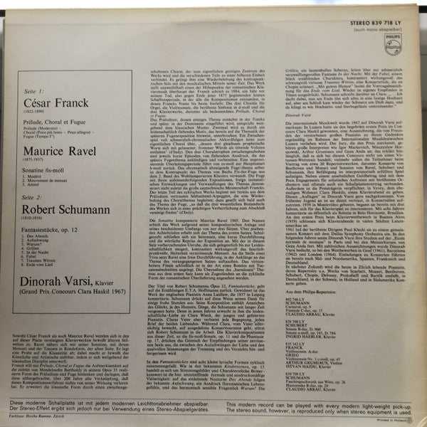 Franck*, Ravel*, Schumann*, Dinorah Varsi : Prélude, Choral Et Fugue / Sonatine / Fantasiestücke, Op. 12 (LP, Album)