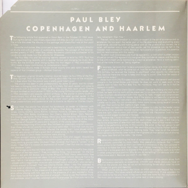 Paul Bley : Copenhagen And Haarlem (2xLP, Comp, Promo)