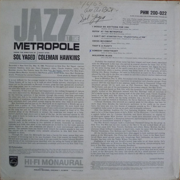 Sol Yaged / Coleman Hawkins ~ Jazz At The Metropole (Vinyl) - Djungel & Jazz