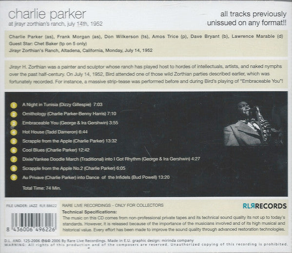 Charlie Parker : At Jirayr Zorthian's Ranch, July 14th, 1952 (CD, Album, Mono)