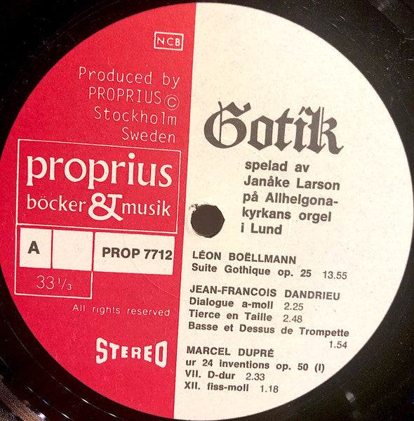 Boëllmann, Bach, Dandrieu, Dupré, Buxtehude, Janåke Larson ~ Gotik: Boëllmann, Bach och Dandrieu M Fl Spelade På Allhelgonakyrkans Orgel I Lund (Vinyl) - Djungel & Jazz