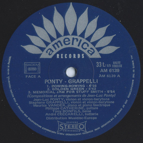 Jean-Luc Ponty / Stéphane Grappelli Featuring Maurice Vander, Philippe Catherine, Tony Bonfils, Andre Ceccarelli ~ Ponty - Grappelli (Vinyl) - Djungel & Jazz