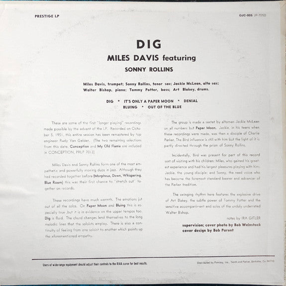 Miles Davis Featuring Sonny Rollins ~ Dig (Vinyl) - Djungel & Jazz