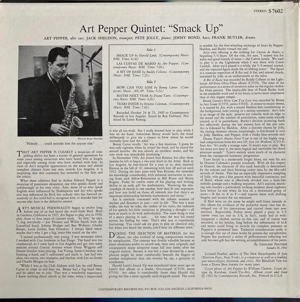 Art Pepper Quintet ~ Smack Up (Vinyl) - Djungel & Jazz