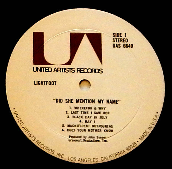 Gordon Lightfoot : Did She Mention My Name (LP, Album, RE)
