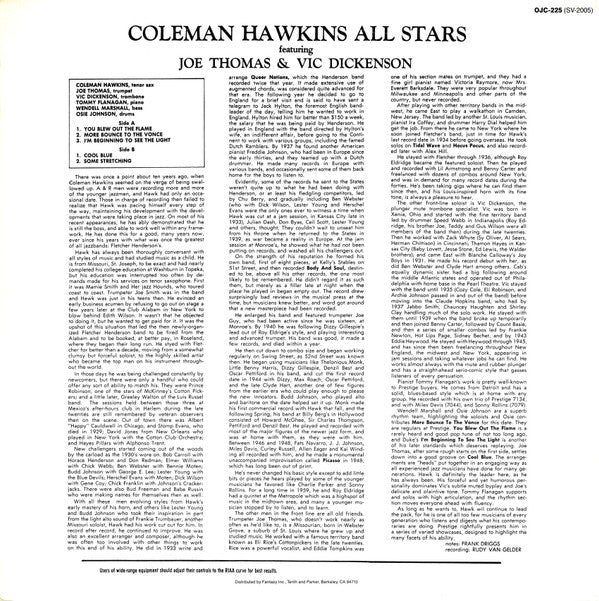 Coleman Hawkins All Stars Featuring Joe Thomas & Vic Dickenson ~ Coleman Hawkins All Stars (Vinyl) - Djungel & Jazz