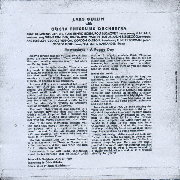 Lars Gullin, Gösta Theselius Orkester ~ Yesterdays / A Foggy Day (Vinyl) - Djungel & Jazz