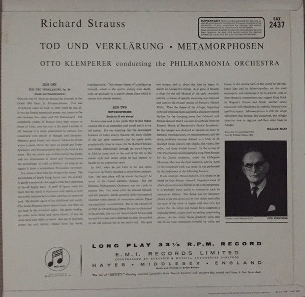 Richard Strauss - Otto Klemperer / Philharmonia Orchestra : Death And Transfiguration / Metamorphosen (LP)