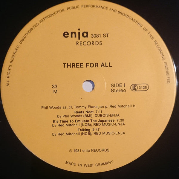 Phil Woods / Tommy Flanagan / Red Mitchell ~ Three For All (Vinyl) - Djungel & Jazz