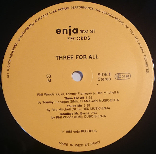 Phil Woods / Tommy Flanagan / Red Mitchell ~ Three For All (Vinyl) - Djungel & Jazz